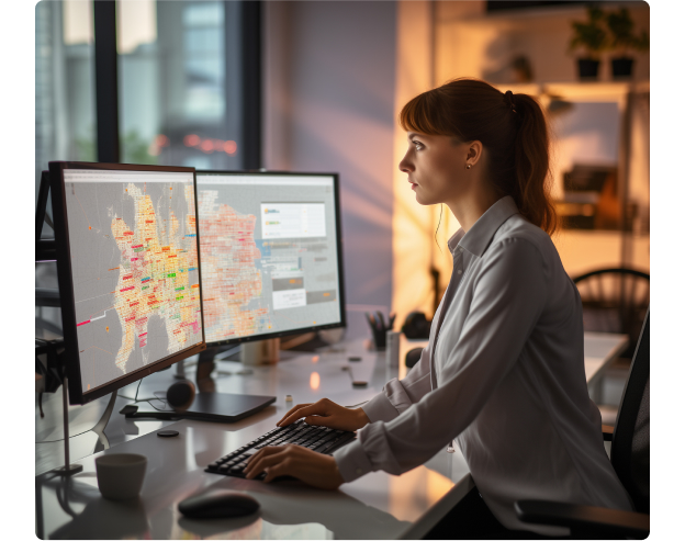 A woman overseeing a regional management system with areas highlighted in yellow.