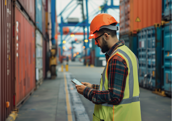 A person using a tablet in a dockyard.