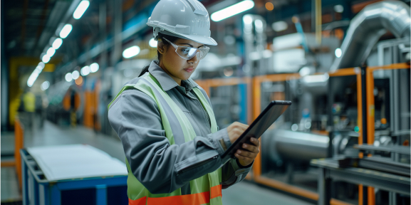 A person using a tablet in a factory.