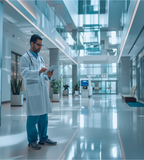 A scientist using a tablet.